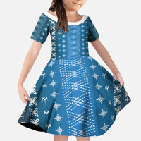 Blue Samoa Malu Tattoo Inspired Family Matching Off The Shoulder Long Sleeve Dress and Hawaiian Shirt - Polynesian Pride