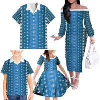 Blue Samoa Malu Tattoo Inspired Family Matching Off The Shoulder Long Sleeve Dress and Hawaiian Shirt - Polynesian Pride