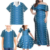 Blue Samoa Malu Tattoo Inspired Family Matching Off Shoulder Maxi Dress and Hawaiian Shirt - Polynesian Pride