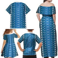 Blue Samoa Malu Tattoo Inspired Family Matching Off Shoulder Maxi Dress and Hawaiian Shirt LT05 - Polynesian Pride