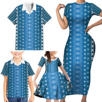 Blue Samoa Malu Tattoo Inspired Family Matching Short Sleeve Bodycon Dress and Hawaiian Shirt - Polynesian Pride