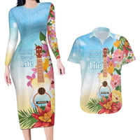 National Ukulele Day Couples Matching Long Sleeve Bodycon Dress and Hawaiian Shirt Tropical Vibe