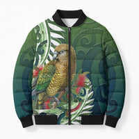New Zealand Kea Bird Bomber Puffer Jacket With Maori Koru Fern LT05 Unisex Green - Polynesian Pride