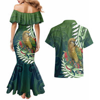 New Zealand Kea Bird Couples Matching Mermaid Dress and Hawaiian Shirt With Maori Koru Fern - Polynesian Pride