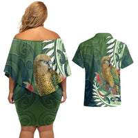 New Zealand Kea Bird Couples Matching Off Shoulder Short Dress and Hawaiian Shirt With Maori Koru Fern - Polynesian Pride