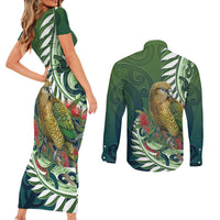New Zealand Kea Bird Couples Matching Short Sleeve Bodycon Dress and Long Sleeve Button Shirt With Maori Koru Fern - Polynesian Pride
