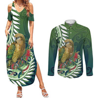 New Zealand Kea Bird Couples Matching Summer Maxi Dress and Long Sleeve Button Shirt With Maori Koru Fern - Polynesian Pride