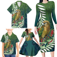 New Zealand Kea Bird Family Matching Long Sleeve Bodycon Dress and Hawaiian Shirt With Maori Koru Fern - Polynesian Pride