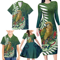 New Zealand Kea Bird Family Matching Long Sleeve Bodycon Dress and Hawaiian Shirt With Maori Koru Fern - Polynesian Pride