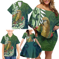 New Zealand Kea Bird Family Matching Off Shoulder Short Dress and Hawaiian Shirt With Maori Koru Fern - Polynesian Pride