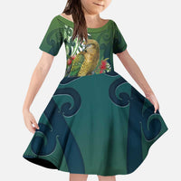 New Zealand Kea Bird Kid Short Sleeve Dress With Maori Koru Fern - Polynesian Pride