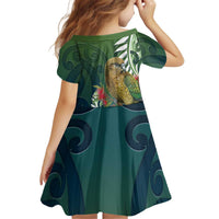 New Zealand Kea Bird Kid Short Sleeve Dress With Maori Koru Fern - Polynesian Pride