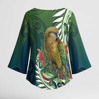 New Zealand Kea Bird Kimono Sleeve Blouse With Maori Koru Fern LT05 - Polynesian Pride