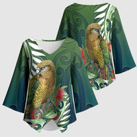 New Zealand Kea Bird Kimono Sleeve Blouse With Maori Koru Fern LT05 - Polynesian Pride