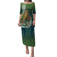 New Zealand Kea Bird Puletasi With Maori Koru Fern LT05 Long Dress Green - Polynesian Pride