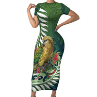 New Zealand Kea Bird Short Sleeve Bodycon Dress With Maori Koru Fern LT05 Long Dress Green - Polynesian Pride