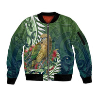 New Zealand Kea Bird Sleeve Zip Bomber Jacket With Maori Koru Fern LT05 Unisex Green - Polynesian Pride