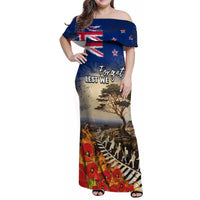 New Zealand ANZAC Day Family Matching Off Shoulder Maxi Dress and Hawaiian Shirt The Lonesome Pine With Soldier Fern LT05 Mom's Dress Blue - Polynesian Pride