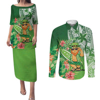 Aloha Hawaii St Patrick's Day Couples Matching Puletasi and Long Sleeve Button Shirt Polynesian Style LT05 Green - Polynesian Pride