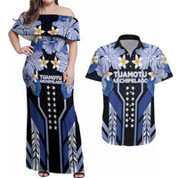 French Polynesia Tuamotu Archipelago Couples Matching Off Shoulder Maxi Dress and Hawaiian Shirt Polynesian Pattern Unique Style LT05 Navy - Polynesian Pride