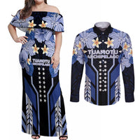 French Polynesia Tuamotu Archipelago Couples Matching Off Shoulder Maxi Dress and Long Sleeve Button Shirt Polynesian Pattern Unique Style LT05 Navy - Polynesian Pride