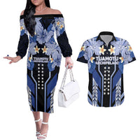 French Polynesia Tuamotu Archipelago Couples Matching Off The Shoulder Long Sleeve Dress and Hawaiian Shirt Polynesian Pattern Unique Style LT05 Navy - Polynesian Pride