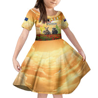 Australia And New Zealand ANZAC Day Family Matching Puletasi and Hawaiian Shirt Kangaroo And Kiwi Bird Soldiers Lest We Forget LT05 Daughter's Dress Yellow - Polynesian Pride