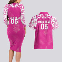 New Zealand Fern Women Rugby Custom Couples Matching Long Sleeve Bodycon Dress and Hawaiian Shirt Pink Maori Pattern