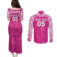 New Zealand Fern Women Rugby Custom Couples Matching Puletasi and Long Sleeve Button Shirt Pink Maori Pattern