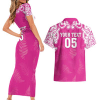New Zealand Fern Women Rugby Custom Couples Matching Short Sleeve Bodycon Dress and Hawaiian Shirt Pink Maori Pattern