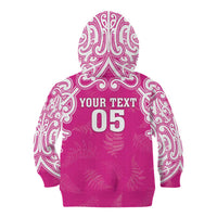 New Zealand Fern Women Rugby Custom Kid Hoodie Pink Maori Pattern