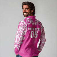 New Zealand Fern Women Rugby Custom Long Sleeve Polo Shirt Pink Maori Pattern