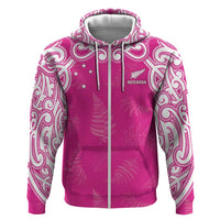 New Zealand Fern Women Rugby Custom Zip Hoodie Pink Maori Pattern