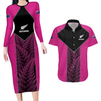 New Zealand Fern Rugby Custom Couples Matching Long Sleeve Bodycon Dress and Hawaiian Shirt Pink Maori Pattern