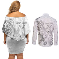 Personalised Brain Cancer Awareness Couples Matching Off Shoulder Short Dress and Long Sleeve Button Shirt Ribbon Polynesian Pattern LT05 - Polynesian Pride