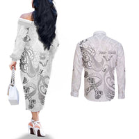 Personalised Brain Cancer Awareness Couples Matching Off The Shoulder Long Sleeve Dress and Long Sleeve Button Shirt Ribbon Polynesian Pattern LT05 - Polynesian Pride