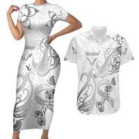 Personalised Brain Cancer Awareness Couples Matching Short Sleeve Bodycon Dress and Hawaiian Shirt Ribbon Polynesian Pattern LT05 White - Polynesian Pride