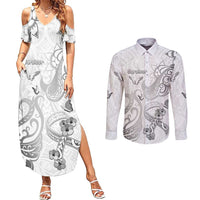 Personalised Brain Cancer Awareness Couples Matching Summer Maxi Dress and Long Sleeve Button Shirt Ribbon Polynesian Pattern LT05 White - Polynesian Pride