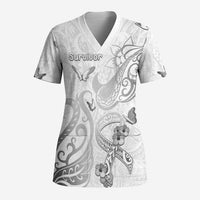 Personalised Brain Cancer Awareness Scrub Top Ribbon Polynesian Pattern LT05 Adult White - Polynesian Pride