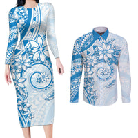Polynesian Pattern With Plumeria Flowers Couples Matching Long Sleeve Bodycon Dress and Long Sleeve Button Shirt Blue LT05 Blue - Polynesian Pride