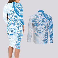 Polynesian Pattern With Plumeria Flowers Couples Matching Long Sleeve Bodycon Dress and Long Sleeve Button Shirt Blue LT05 - Polynesian Pride