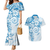 Polynesian Pattern With Plumeria Flowers Couples Matching Mermaid Dress and Hawaiian Shirt Blue LT05 Blue - Polynesian Pride