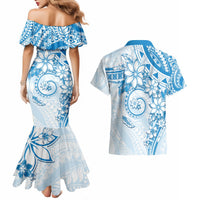 Polynesian Pattern With Plumeria Flowers Couples Matching Mermaid Dress and Hawaiian Shirt Blue LT05 - Polynesian Pride