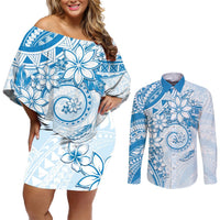 Polynesian Pattern With Plumeria Flowers Couples Matching Off Shoulder Short Dress and Long Sleeve Button Shirt Blue LT05 Blue - Polynesian Pride