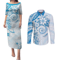 Polynesian Pattern With Plumeria Flowers Couples Matching Puletasi and Long Sleeve Button Shirt Blue LT05 Blue - Polynesian Pride