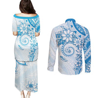 Polynesian Pattern With Plumeria Flowers Couples Matching Puletasi and Long Sleeve Button Shirt Blue LT05 - Polynesian Pride