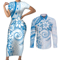 Polynesian Pattern With Plumeria Flowers Couples Matching Short Sleeve Bodycon Dress and Long Sleeve Button Shirt Blue LT05 Blue - Polynesian Pride