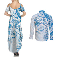 Polynesian Pattern With Plumeria Flowers Couples Matching Summer Maxi Dress and Long Sleeve Button Shirt Blue LT05 - Polynesian Pride