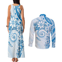 Polynesian Pattern With Plumeria Flowers Couples Matching Tank Maxi Dress and Long Sleeve Button Shirt Blue LT05 - Polynesian Pride