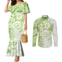 Polynesian Pattern With Plumeria Flowers Couples Matching Mermaid Dress and Long Sleeve Button Shirt Lime Green LT05 Lime Green - Polynesian Pride
